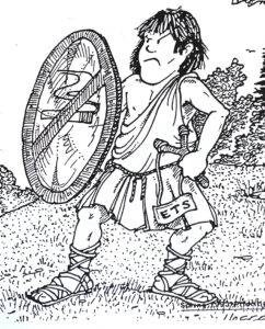 Illustration of a young man with a no-smoking symbol on his shield as David fighting the giant Goliath
