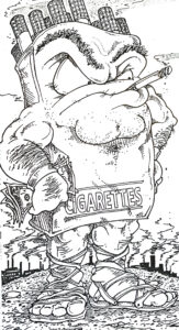 Illustration of an anthropomorphized pack of cigarettes as Goliath from the Biblical story of David v. Goliath