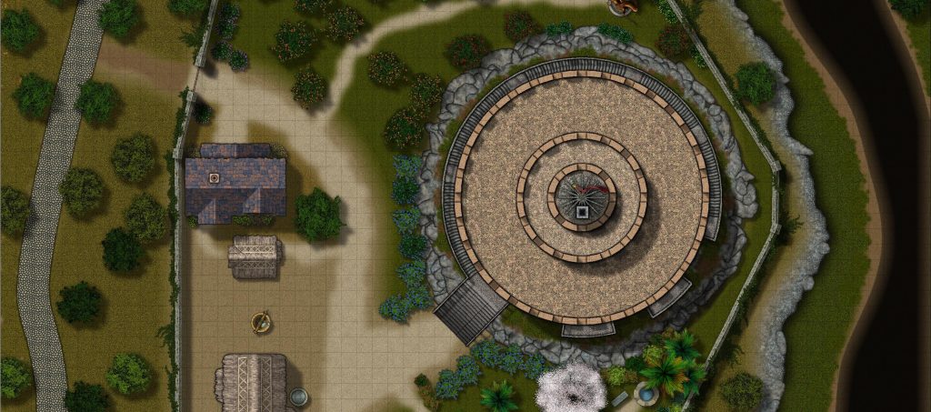 Top-down view of a wizard's tower with stairs spiraling around the tower's outer permimeter.