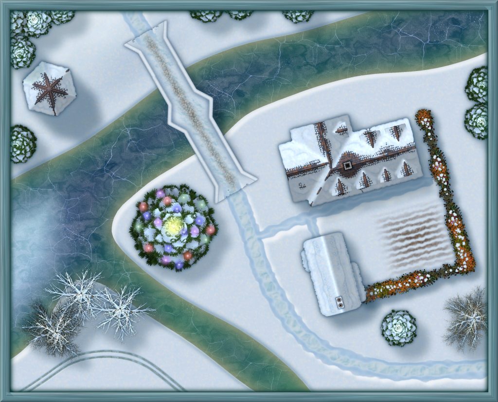 A top-down map of a snow-covered country inn in winter, next to an outdoor fir tree decorated with holiday lights.